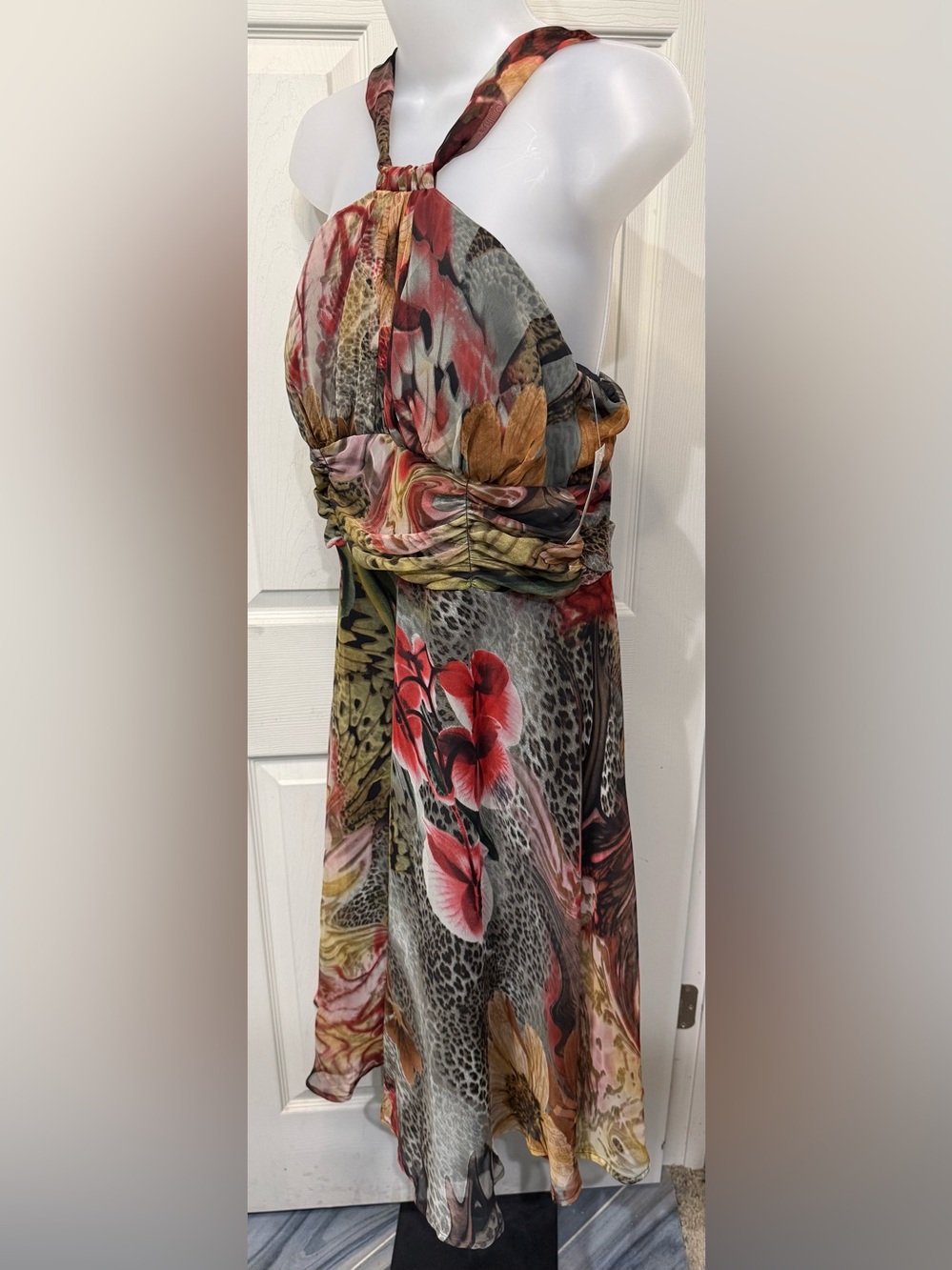 Connected Apparel Floral & Animal Print Halter Dress in Red, Green, Brown, Gray